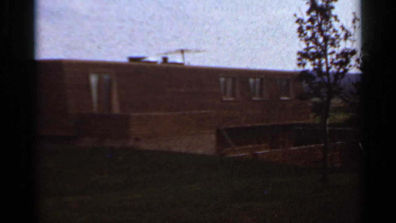 1966 Saint Louis 8mm frame showing a low view of a brick school building, grassy lawn, windows, and a young tree.