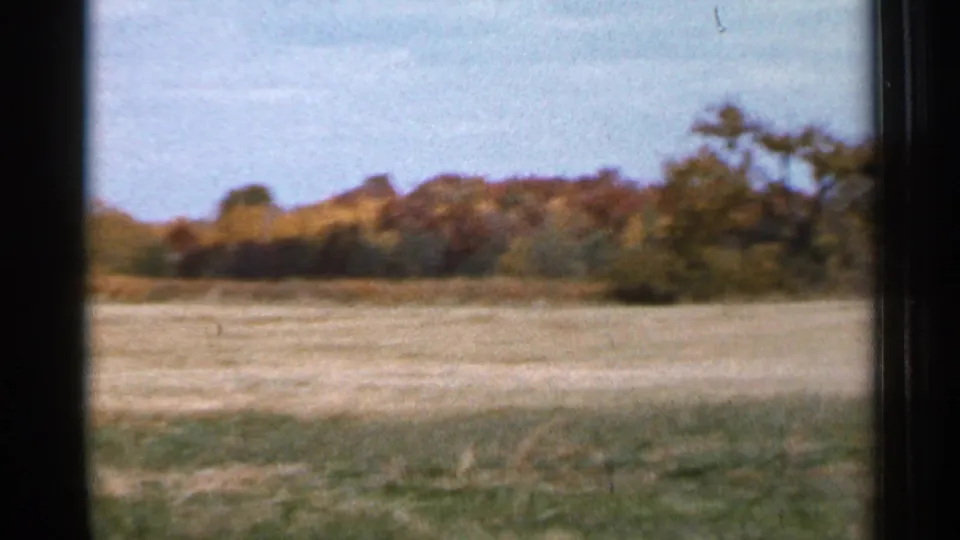 1966 Sauk Centre rural landscape showing an open field, distant wooded edge and autumn colors under a blue sky.