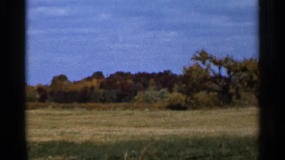 1966 Sauk Centre frame showing open rural grassland, low shrubs, and a darker autumn tree line beneath a cloudy blue sky.