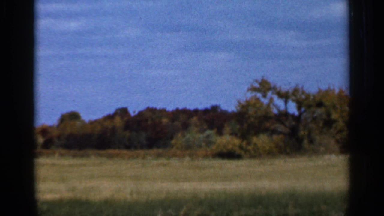 1966 8mm view near Sauk Centre, Minnesota, showing a rural field, blue sky, and distant autumn tree line framed by dark edges.