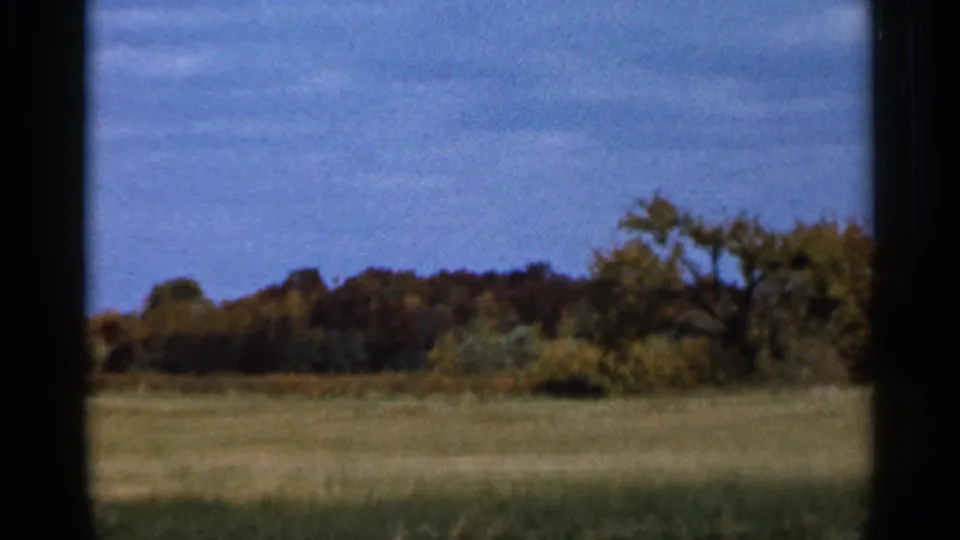 1966 8mm view near Sauk Centre, Minnesota, showing a rural field, blue sky, and distant autumn tree line framed by dark edges.