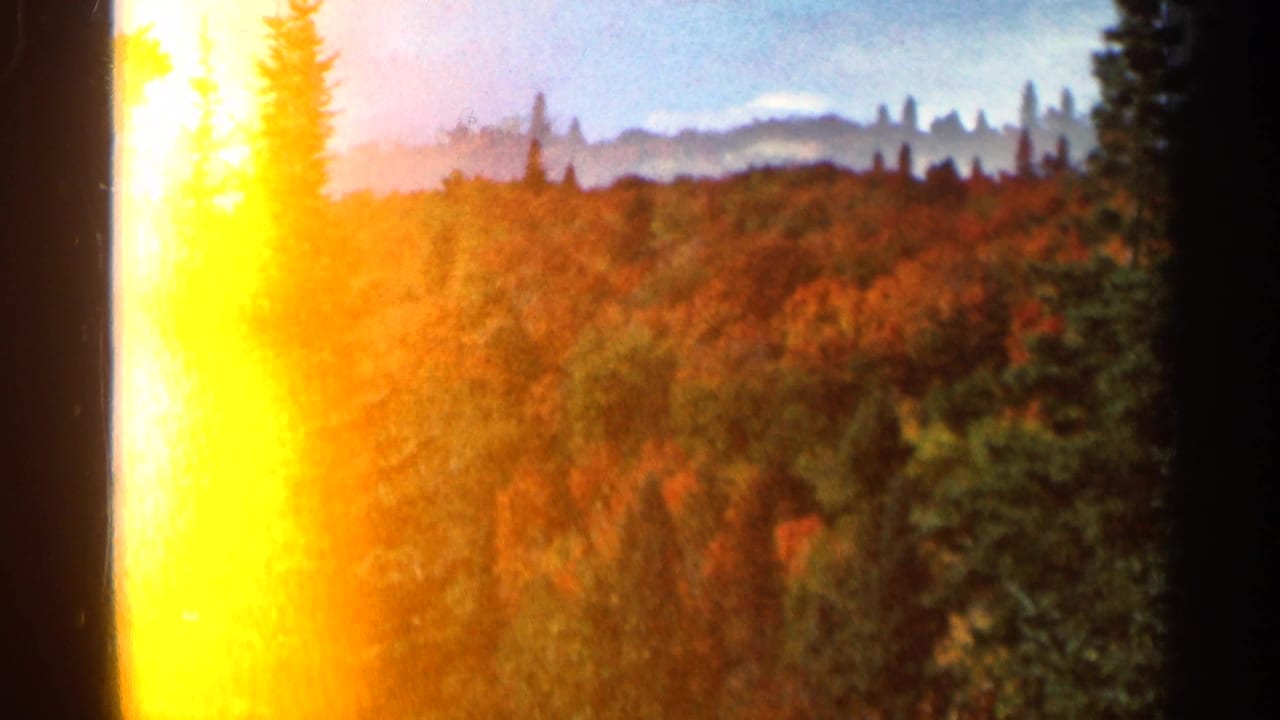 1966 8mm home-movie frame from Wauseon, Ohio showing fall-colored trees, evergreens, distant hills, and strong edge flare.