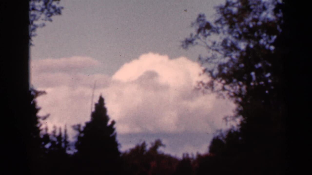 1966 Wauseon, Ohio 8mm frame showing a soft cloud formation framed by dark foreground trees.