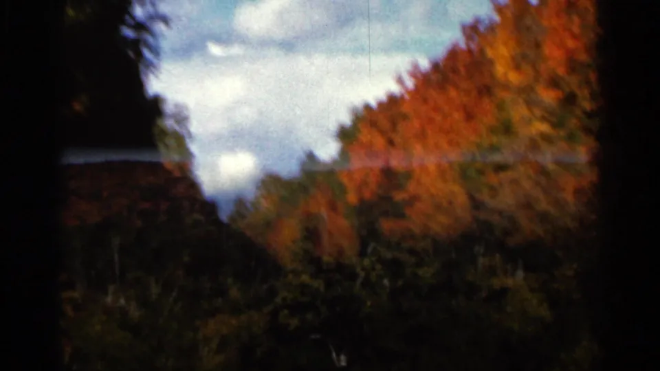 1966 Wauseon, Ohio home-movie frame with blurred fall trees, silhouetted foreground, and visible film exposure variation.