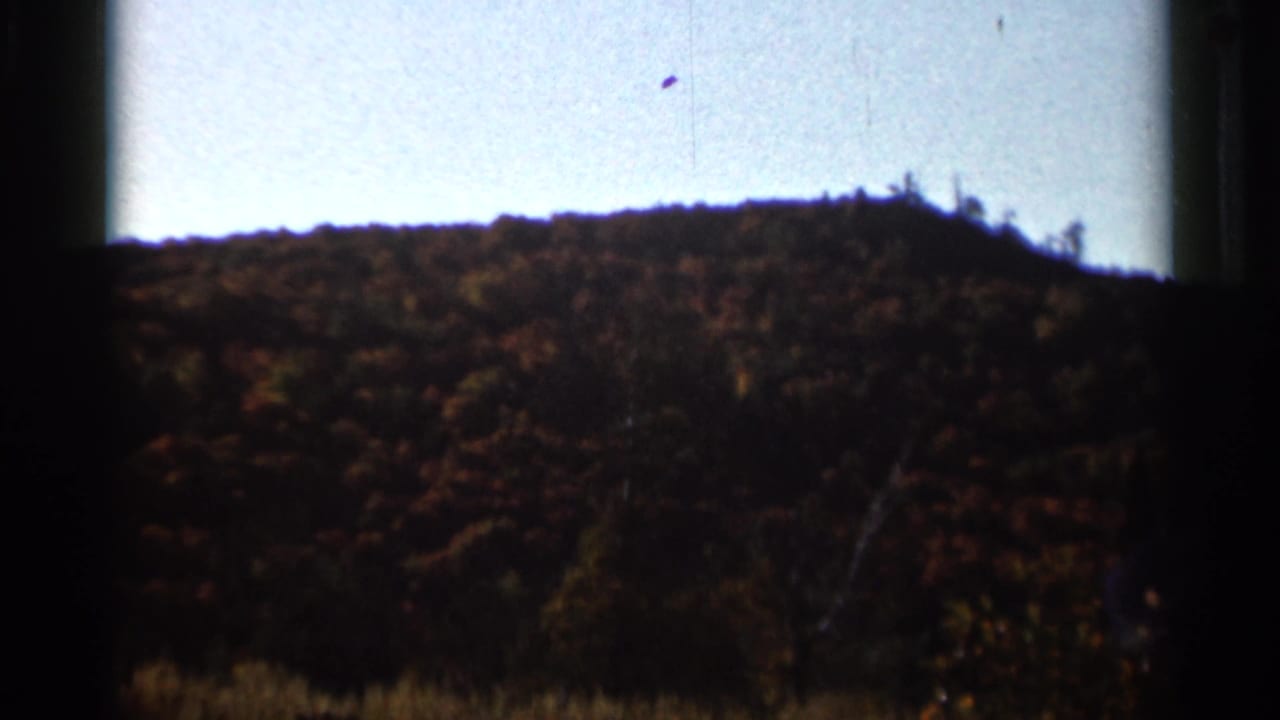 Wooded autumn hillside under pale blue sky with dark film-gate edges.