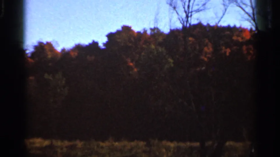 Mid-1960s 8mm view of a wooded Wauseon landscape with orange fall foliage and darkened frame edges.