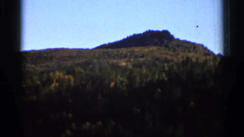 1966 8mm home-movie frame showing a wooded hillside and pale sky, with soft focus and dark gate shadows.