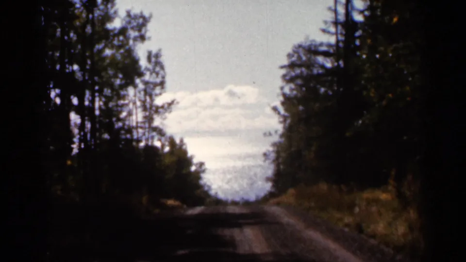 1960s 8mm view of a rural wooded road, shot from a vehicle with strong shadow and a bright cloudy horizon.