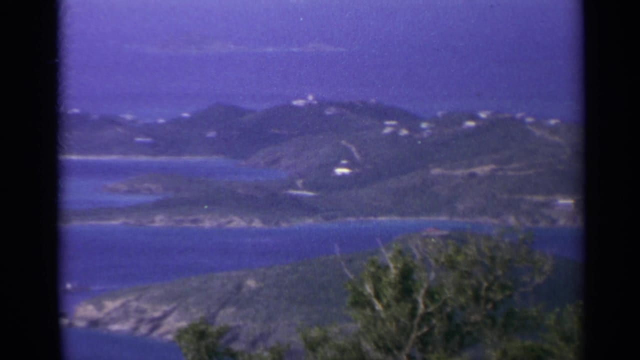 Island hills, sea channels, and foreground vegetation in a soft 8mm frame.