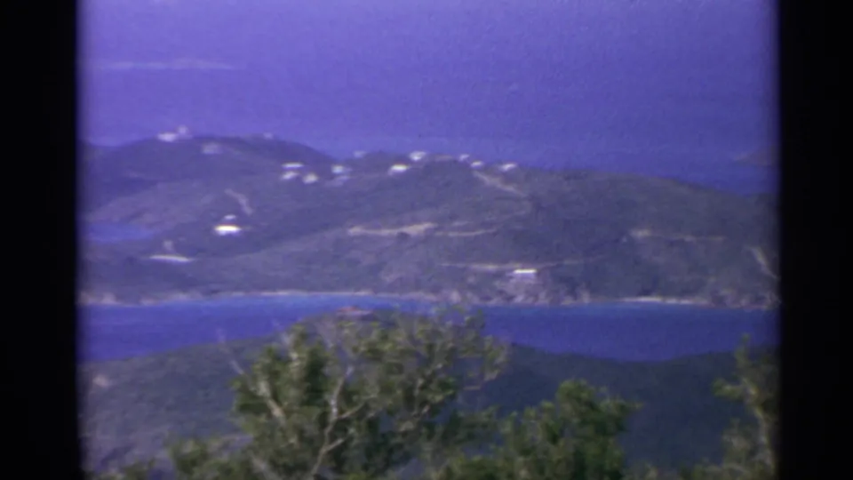 Vintage 8mm frame of U.S. Virgin Islands hillside terrain, blue coastal water, and foreground trees during a slow pan.