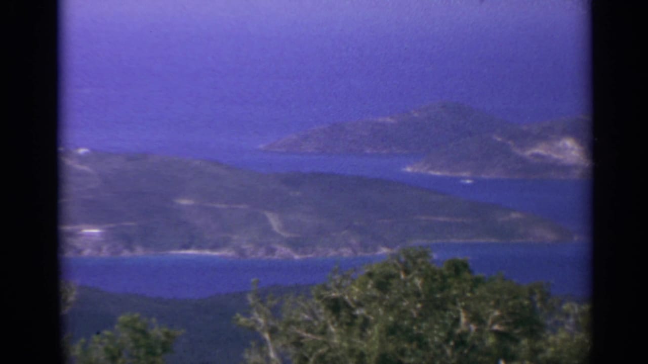 1967 US Virgin Islands home-movie view of tree-covered islands, blue channels, and foreground foliage in soft purple-tinted 8mm color.