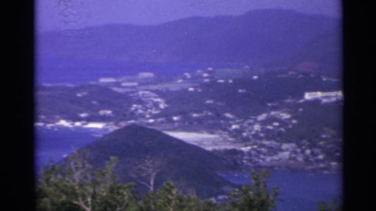 Coastal hillside town with blue water, white buildings, foreground trees, and mountain ridges.
