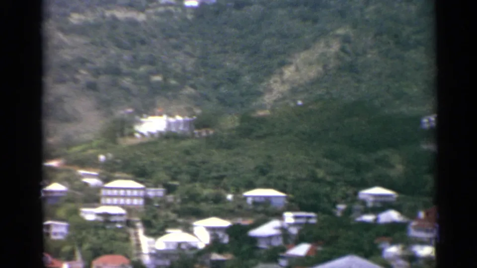 Soft 8mm frame of US Virgin Islands hillside residences among dense trees and uneven tropical slopes.