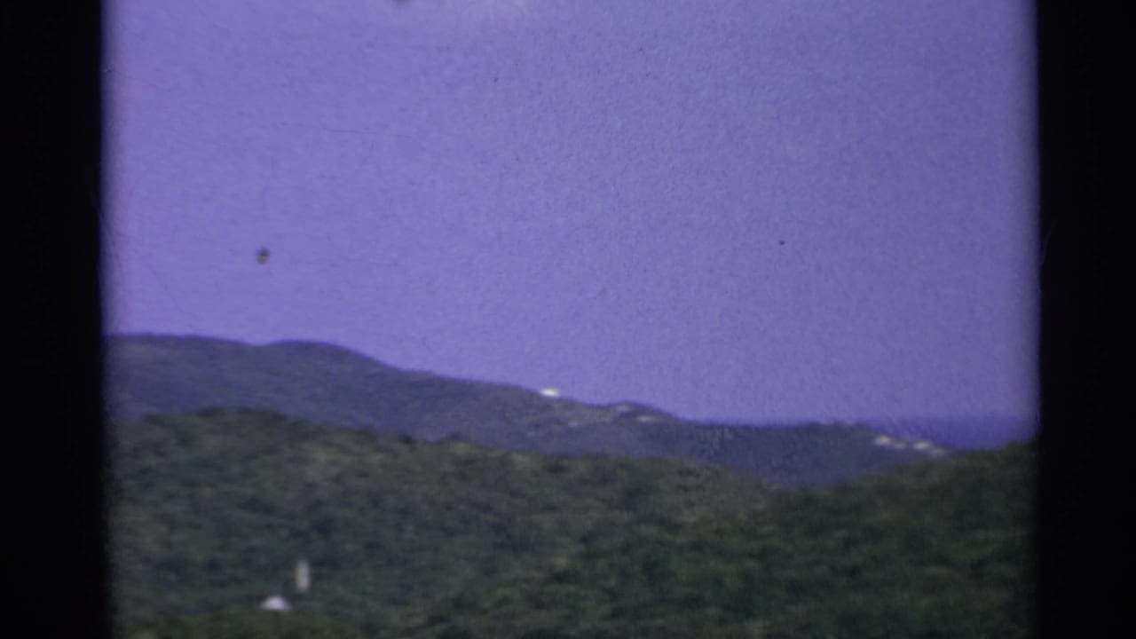Tree-covered ridge and distant mountains beneath a purple-tinted sky.