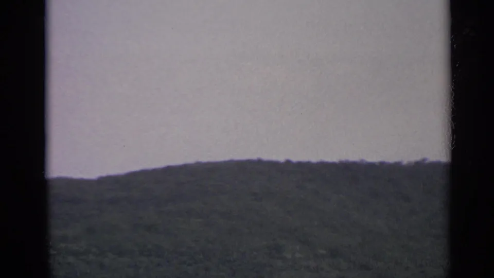 1967 US Virgin Islands home-movie still showing a low, tree-covered hill beneath a washed pale sky.