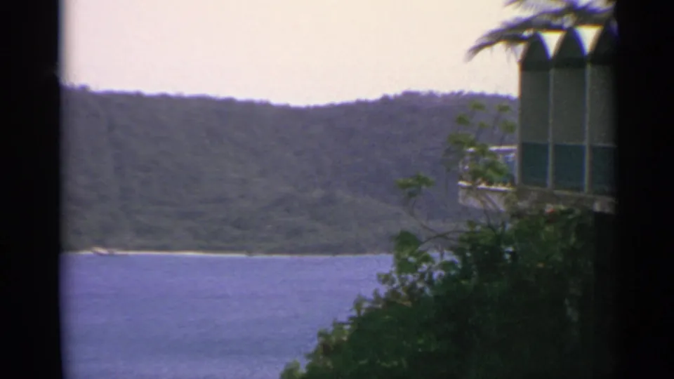 1967 US Virgin Islands landscape with blue water, green hills, palm foliage, and a partial arched building at right.
