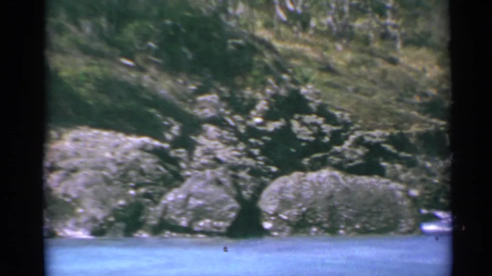 1967 US Virgin Islands 8mm view of a rocky coastal cove with turquoise water, light surf, and dense vegetation on the slope.