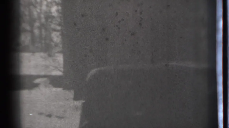 Danielson winter home-movie frame with a dark form near a possible door or vehicle edge, snow, and bare trees.