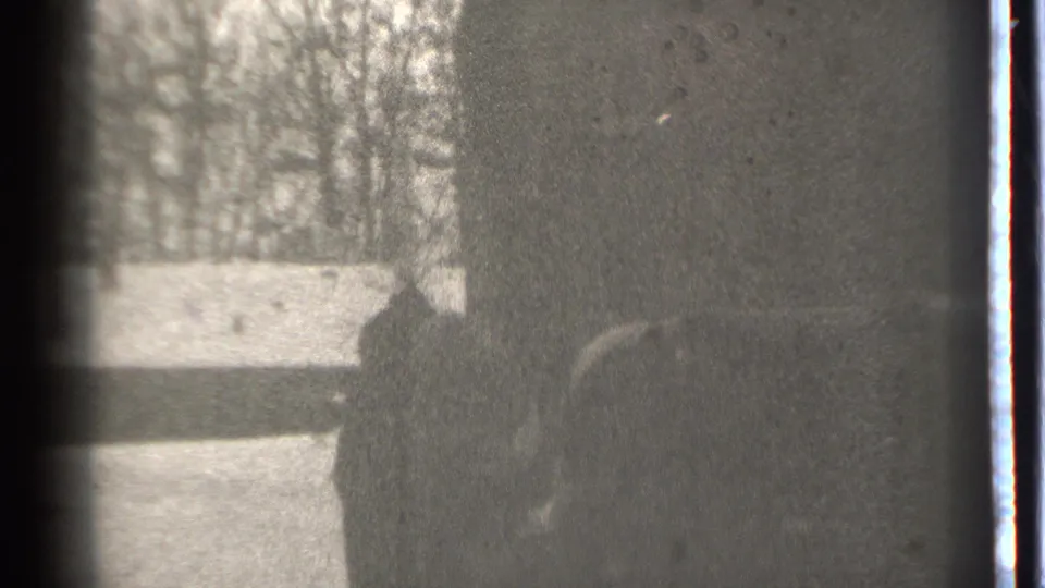 1939 Danielson, Connecticut 8mm frame showing a bundled person carrying a child through snow near bare winter trees.
