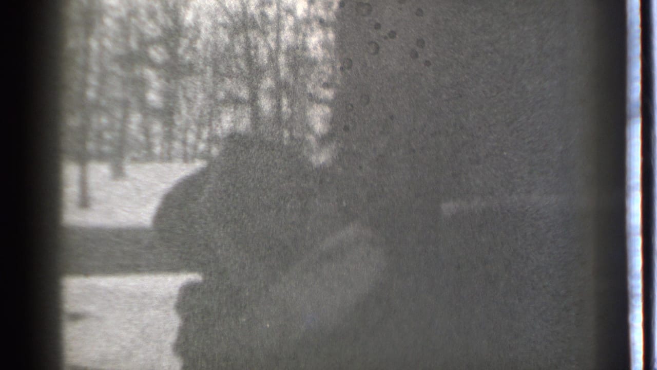 Dark silhouetted figure near a snowy yard with bare trees behind glass-like reflections.