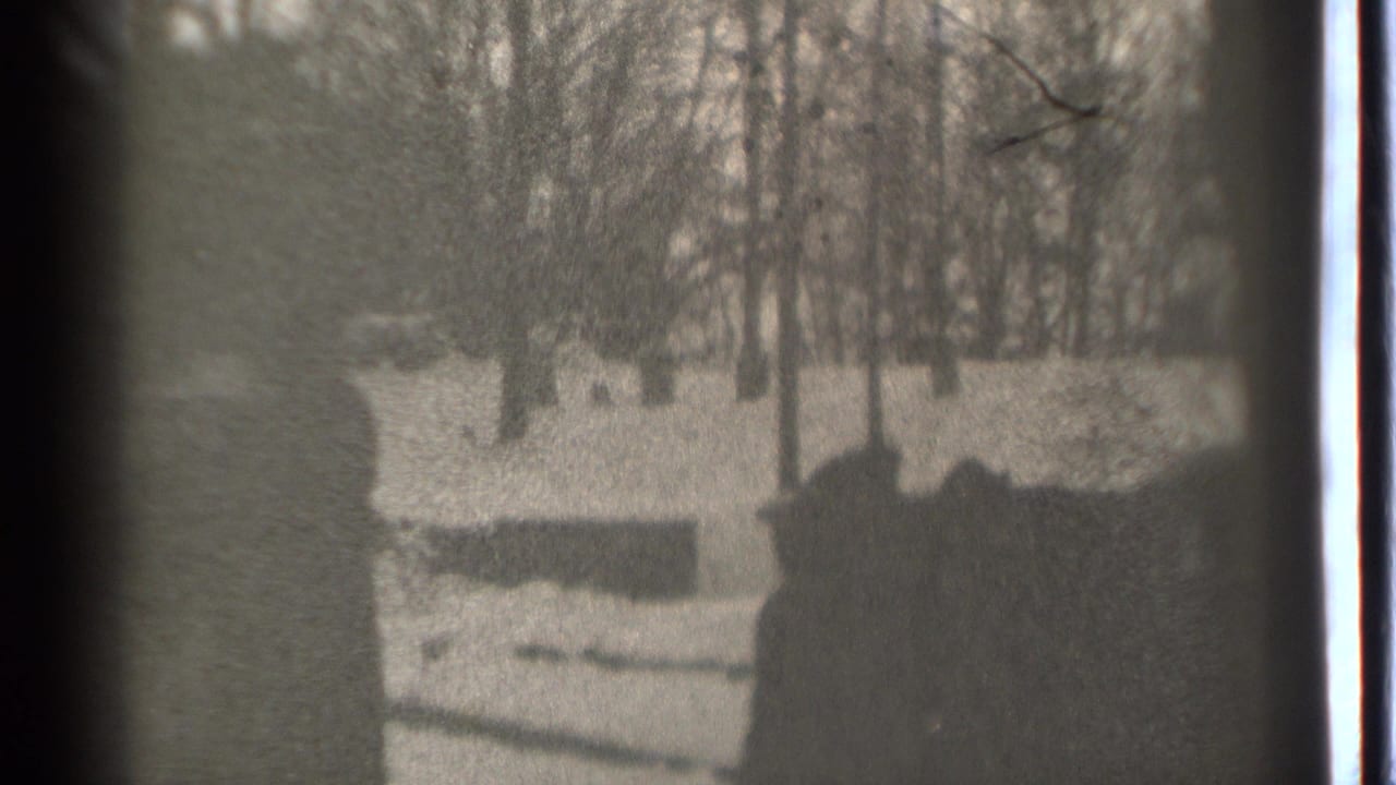 Silhouetted figure near snow and bare trees in a grainy winter frame.