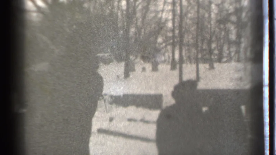 A snowy Danielson yard is framed by a dark foreground shape, with bare trees and indistinct outdoor forms visible in the background.