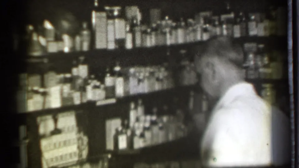 A man in a white coat stands in profile within the Danielson pharmacy scene, surrounded by shelves of small bottles and packages.