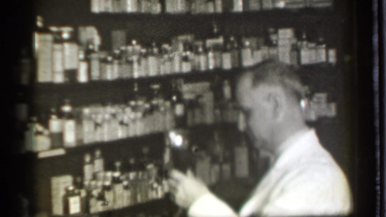 White-coated man looks down while holding a bottle or flask.