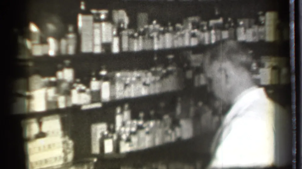 The man turns slightly away in a pharmacy-like room, with rows of jars and bottles filling the shelves behind him.