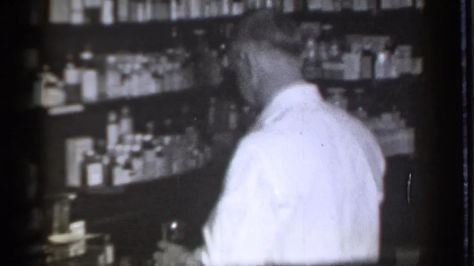A man in a white lab coat works behind the counter of a 1939 Danielson pharmacy, facing shelves lined with bottles and jars.