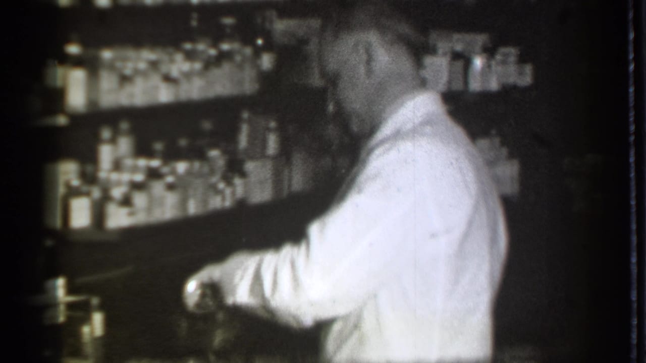 Pharmacist in a white coat works at a counter beside shelves of bottles.