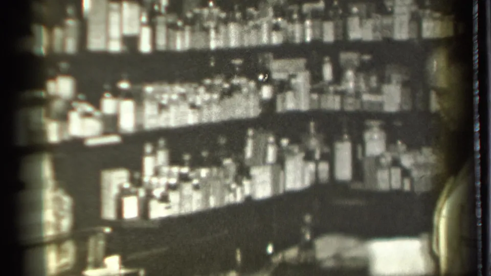 1939 Danielson, Connecticut pharmacy interior with crowded shelves of bottles and jars behind the counter.