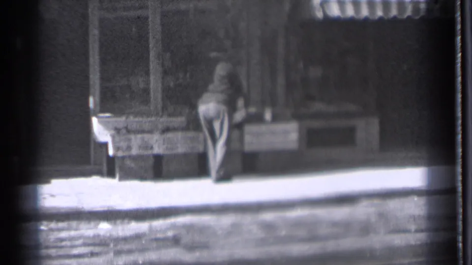 A 1939 Danielson street view shows a man from behind at a storefront counter beneath a striped awning.