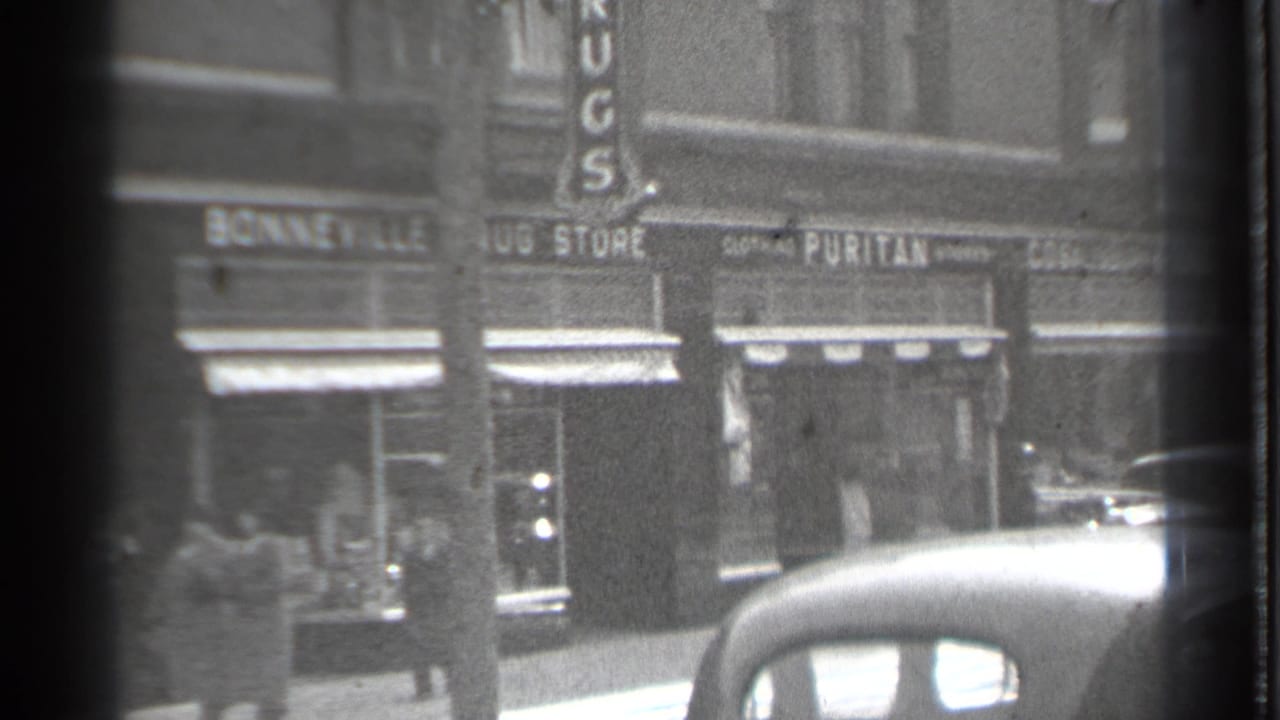 Downtown storefronts with pedestrians, shop signs, awnings, a utility pole, and a foreground car roof.