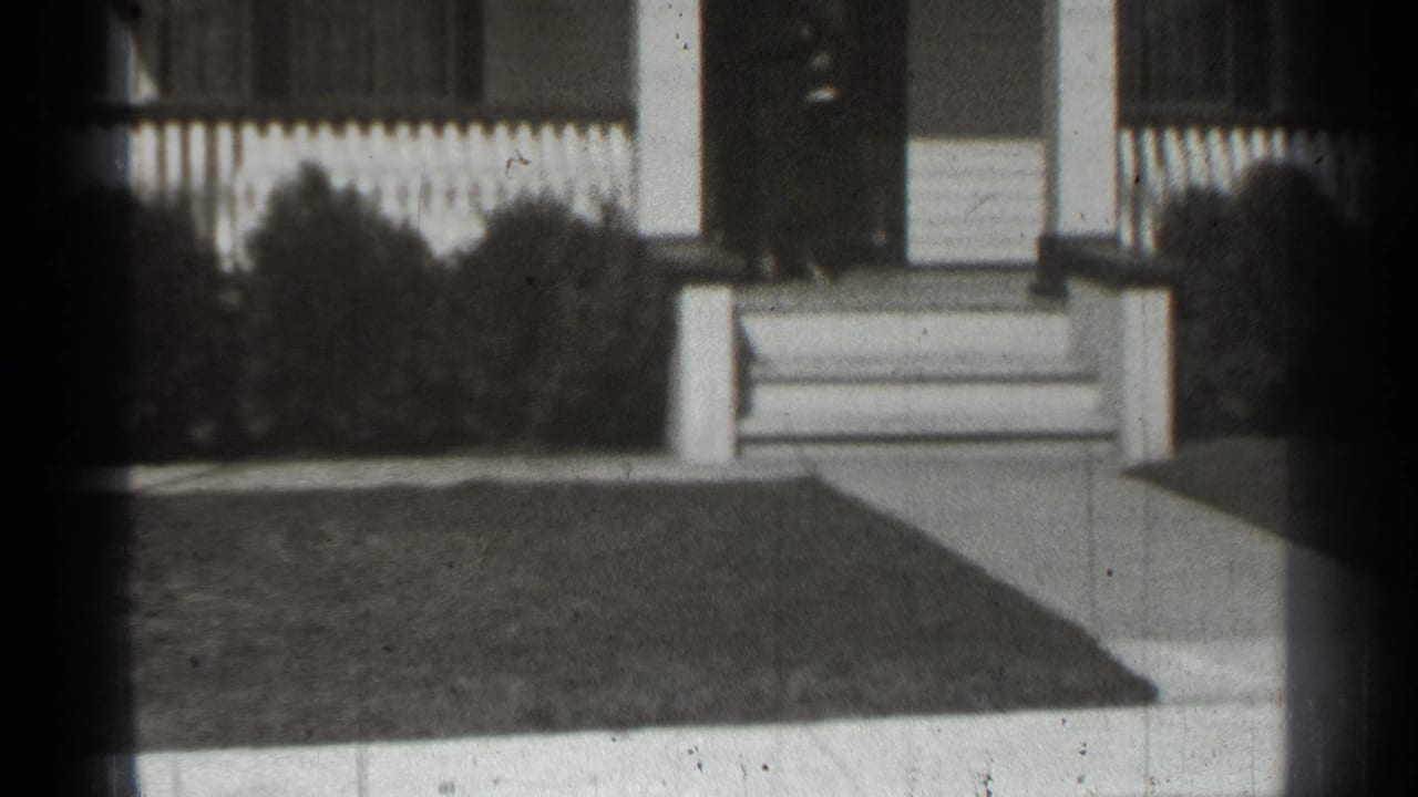 Front porch and steps of a house with shrubs and lawn in view.