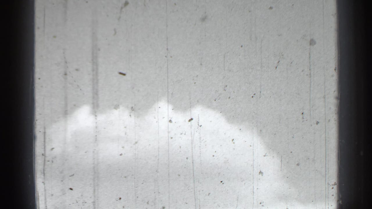 Bright sky with cloud shapes and visible dust on the film frame.