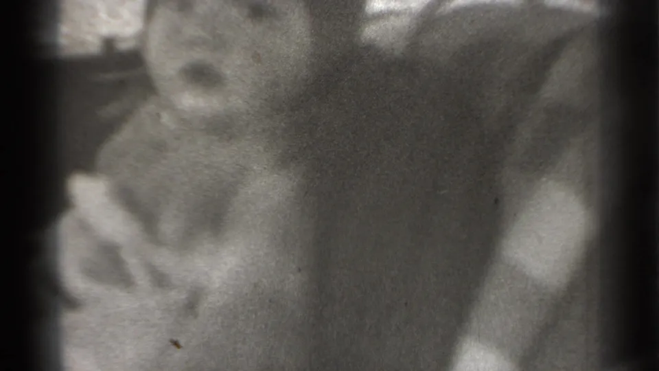 Final 1939 New York home-movie frame showing the child close to camera in soft monochrome focus.