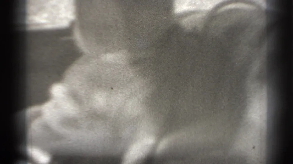 1939 home-movie frame from New York showing a baby in close-up, partly obscured by a dark seat or cushion.