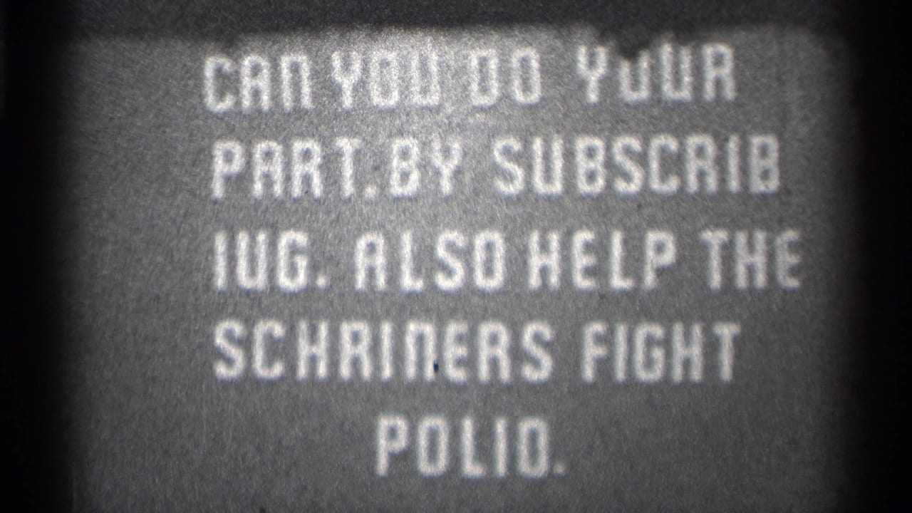 White block text on a dark film card asking viewers to help fight polio.
