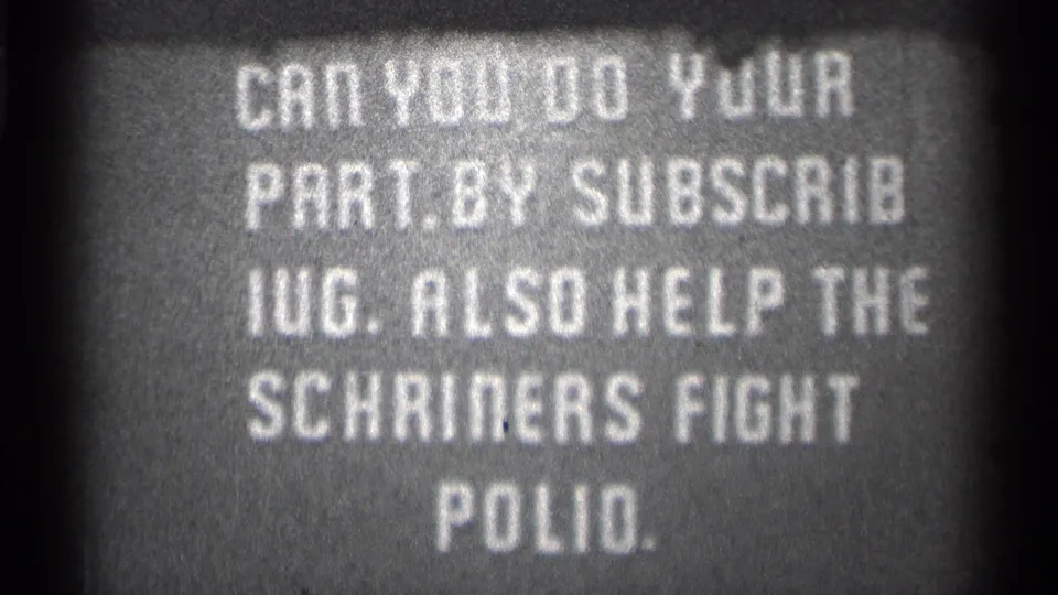 1944 San Francisco 8mm frame showing a grainy public-service title card urging support to help fight polio.