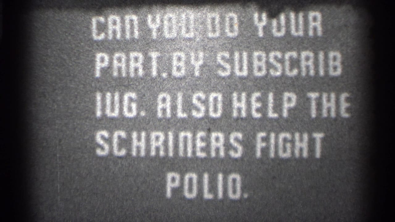 Metadata-supported 1944 San Francisco 8mm frame showing cropped white public-health text urging subscription and help fighting polio.