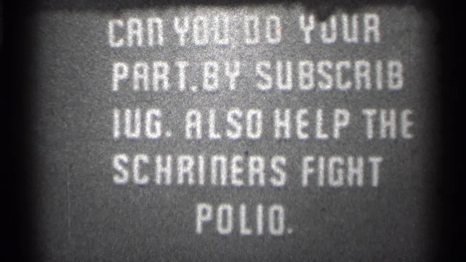 Metadata-supported 1944 San Francisco 8mm frame showing cropped white public-health text urging subscription and help fighting polio.