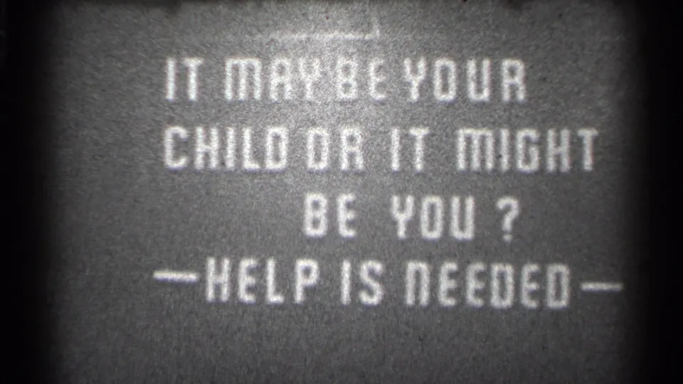 Metadata-supported 1944 San Francisco 8mm frame with white text asking if polio may affect a child or the viewer, followed by a help appeal.