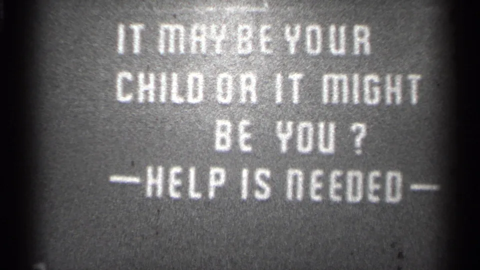 Metadata-supported 1944 San Francisco 8mm frame showing a repeated white-on-dark polio warning and help-needed message.