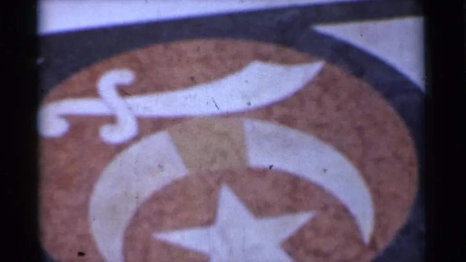 Soft 8mm close-up of the white sword, crescent, and star emblem, with the frame cropping the design at the edges.