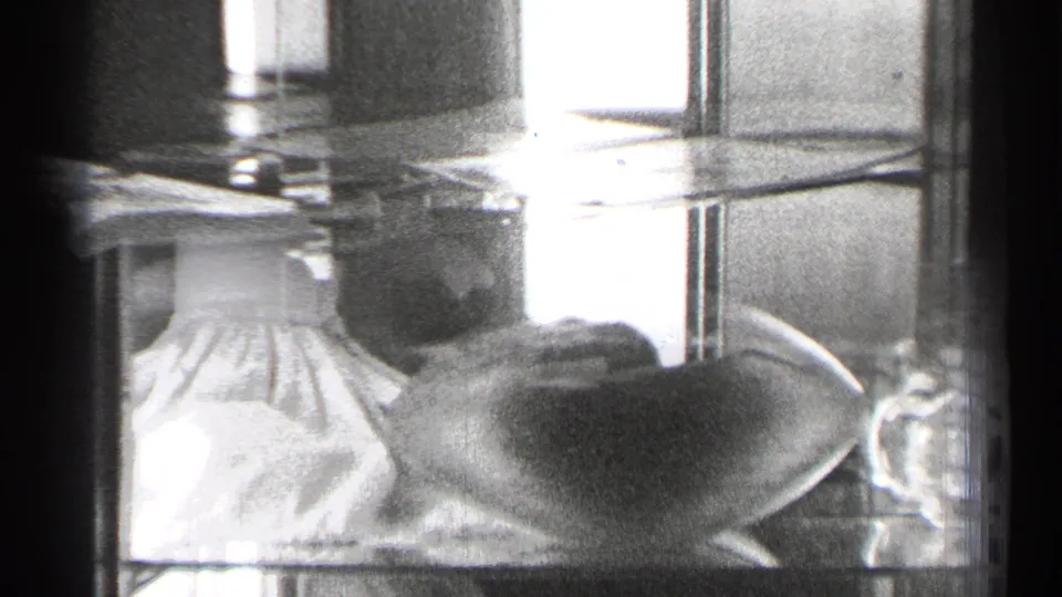 1944 San Francisco frame with a football, doll, and pale folded fabric displayed behind glass in grainy 8mm footage.