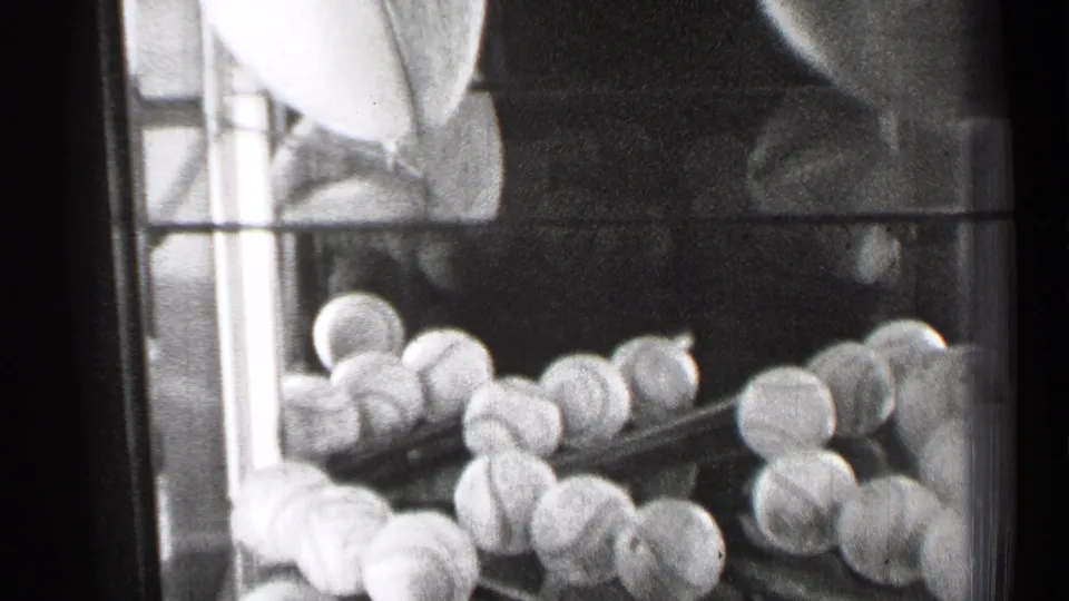 Black-and-white 1944 San Francisco 8mm frame showing stacked baseballs behind glass with a partial football below.
