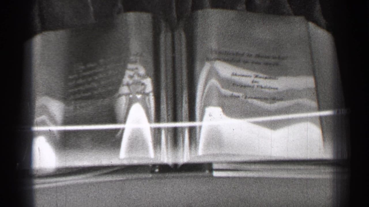 1944 San Francisco 8mm frame showing swan-like decorative forms, reflective surfaces, and a rail within a tiled spa or bath-room interior.