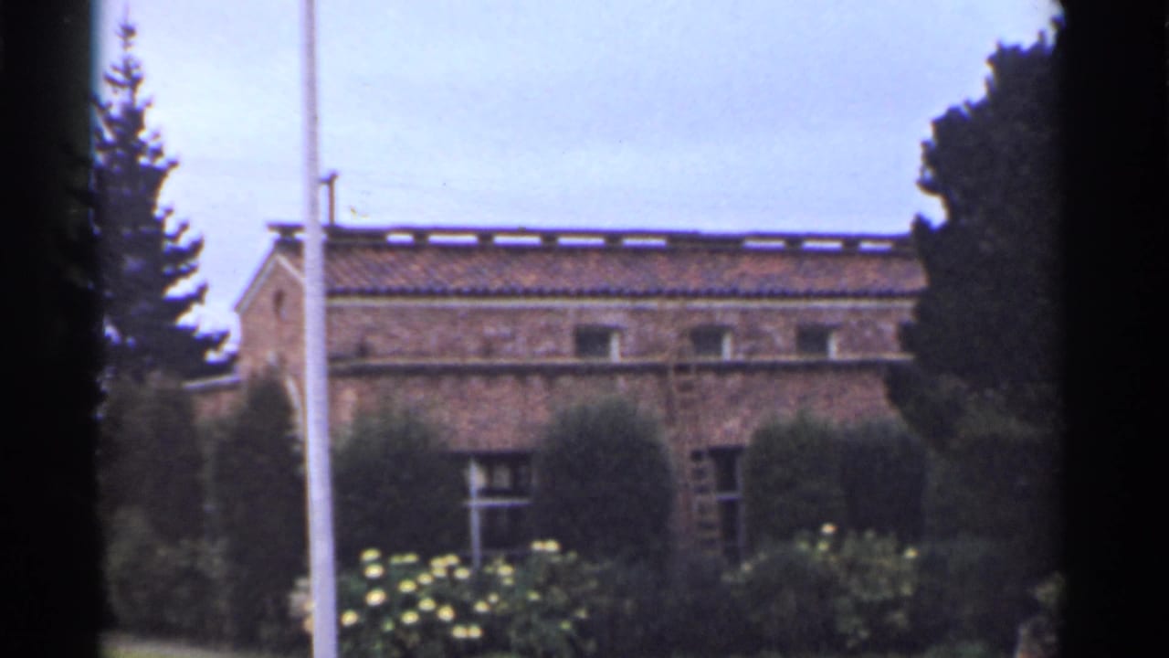 Brick building behind shrubs and trees with a flagpole under an overcast sky.