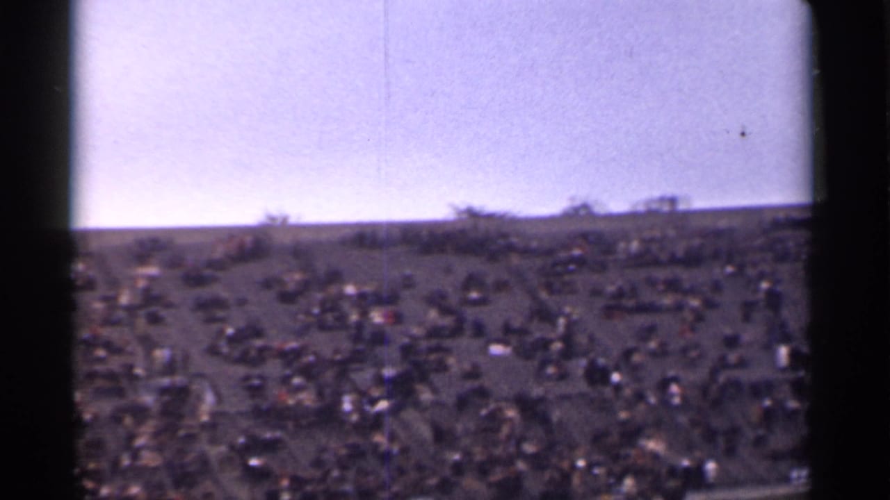 Wide hillside lawn crowded with seated people beneath a pale sky.